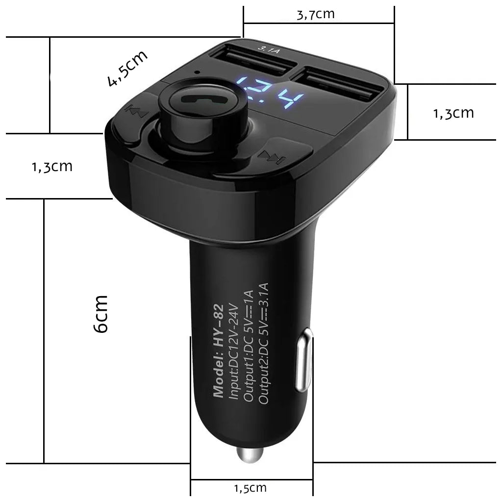 Autós bluetooth rádió, töltő, transzmitter, 2xUSB port, fekete, 7 cm