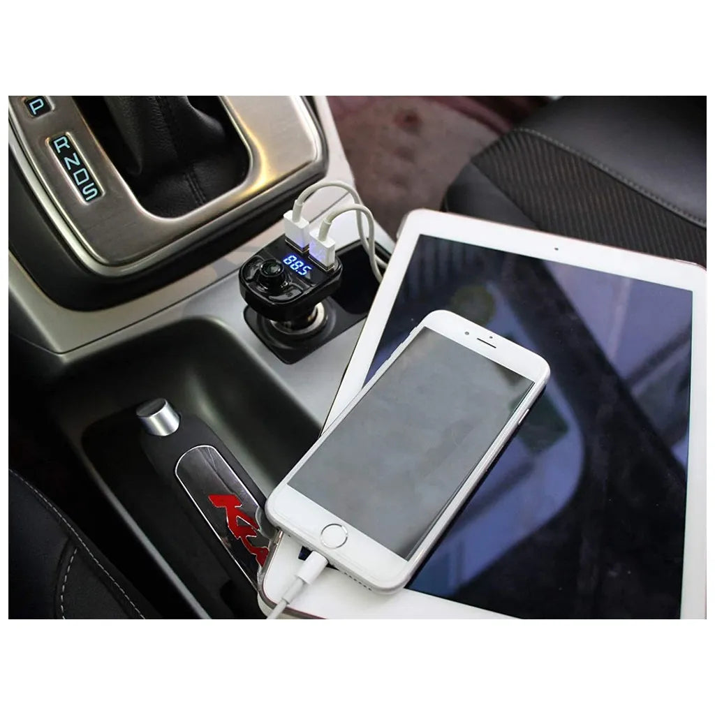 Autós bluetooth rádió, töltő, transzmitter, 2xUSB port, fekete, 7 cm