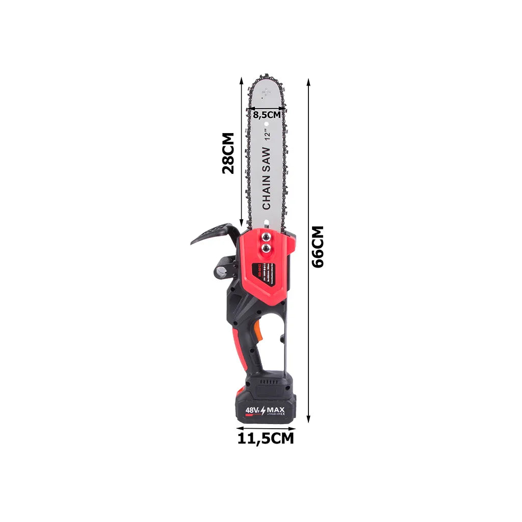 Akkumulátoros láncfűrész 31 cm pengével, tárolódobozzal, 1200W, 4200 ford/perc, 66cm x 14cm x 11,5cm, fekete-piros