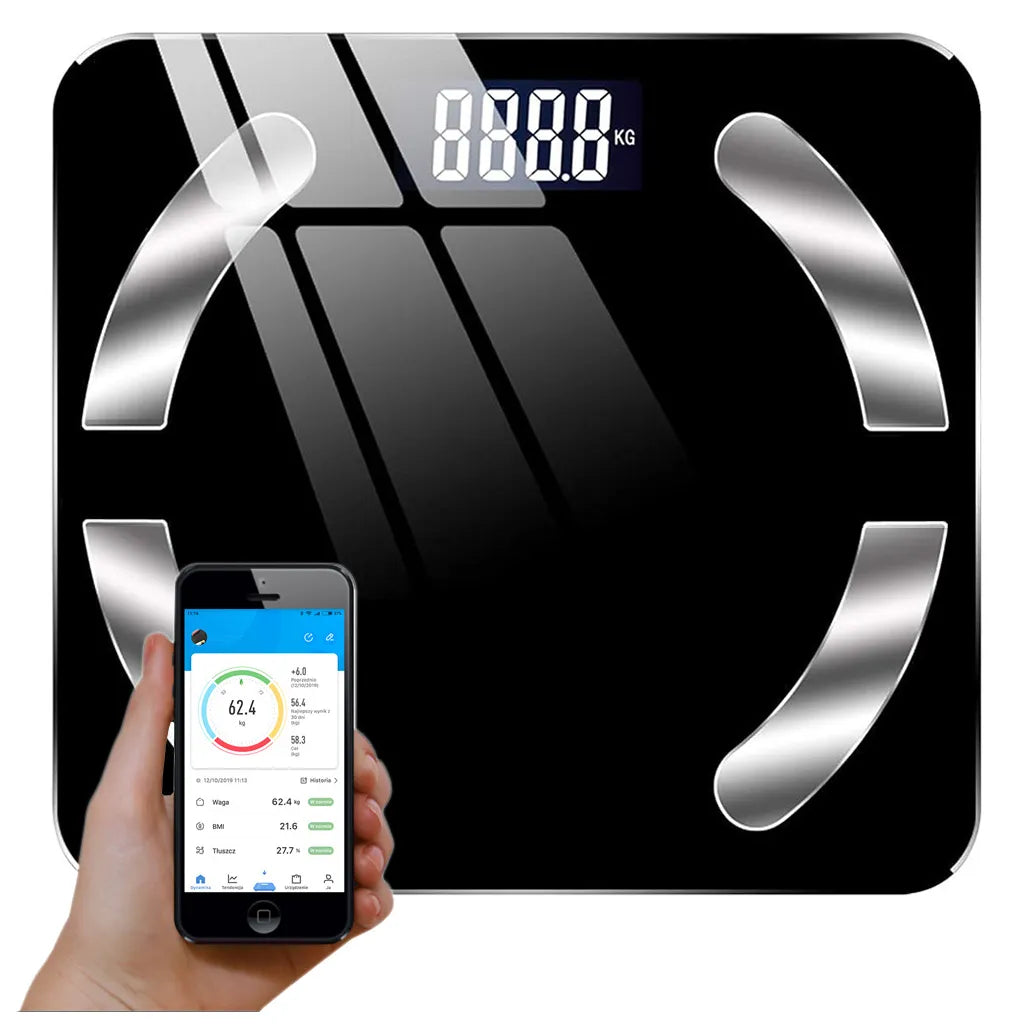 Intelligens fürdőszobai mérleg bluetooth kapcsolattal, letölthatő alkalmazással, 30cm x 26cm x 2.4cm, fekete
