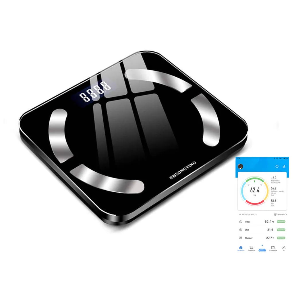 Intelligens fürdőszobai mérleg bluetooth kapcsolattal, letölthatő alkalmazással, 30cm x 26cm x 2.4cm, fekete