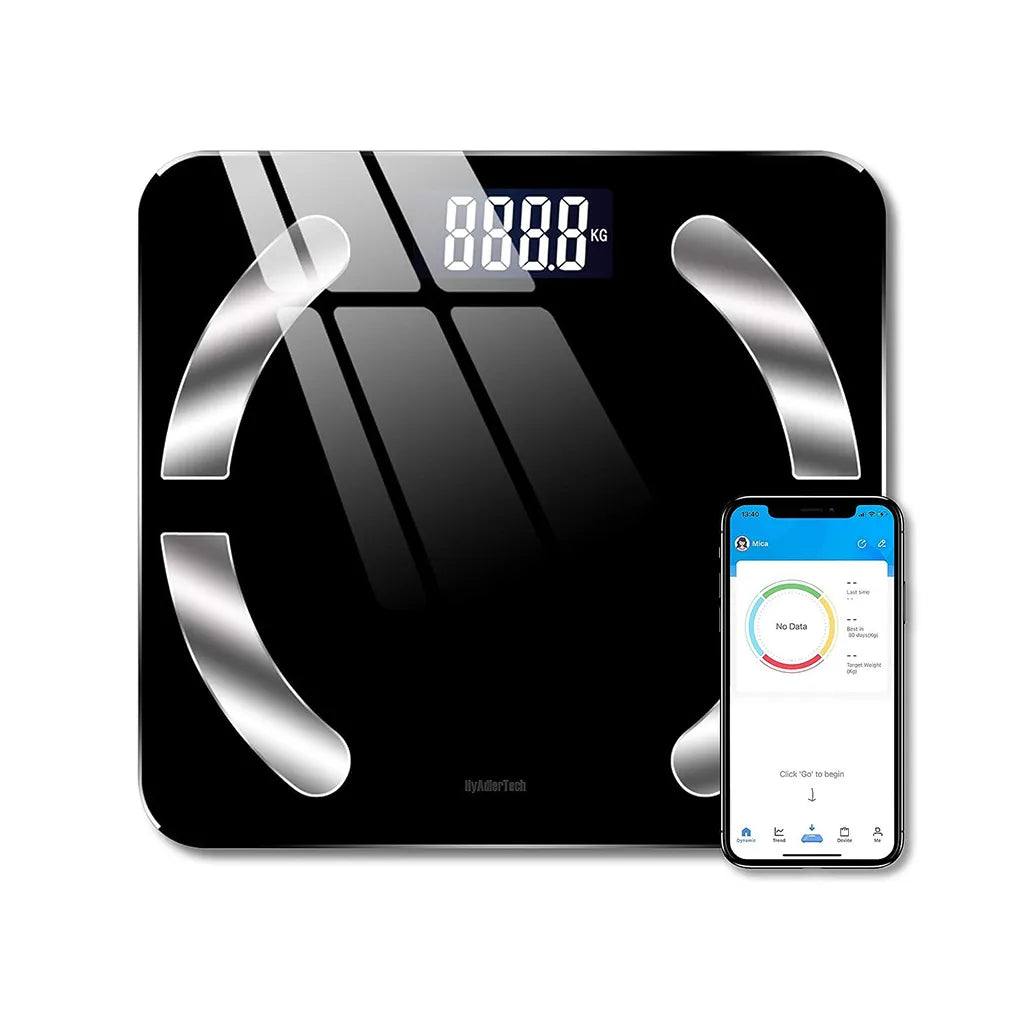Intelligens fürdőszobai mérleg bluetooth kapcsolattal, letölthatő alkalmazással, 30cm x 26cm x 2.4cm, fekete