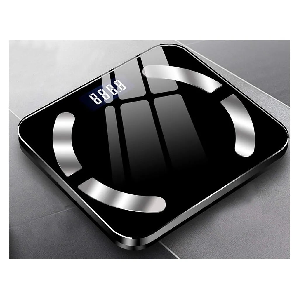 Intelligens fürdőszobai mérleg bluetooth kapcsolattal, letölthatő alkalmazással, 30cm x 26cm x 2.4cm, fekete
