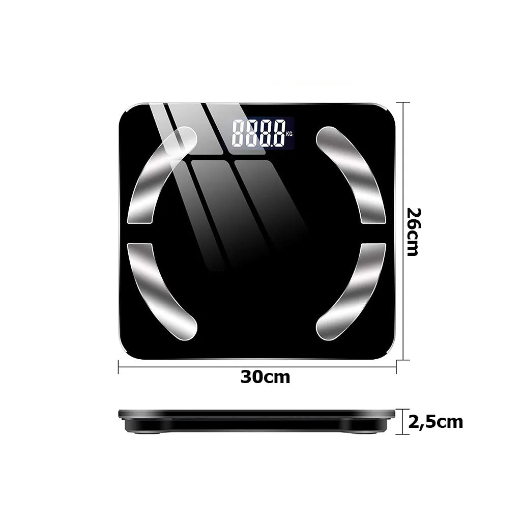 Intelligens fürdőszobai mérleg bluetooth kapcsolattal, letölthatő alkalmazással, 30cm x 26cm x 2.4cm, fekete