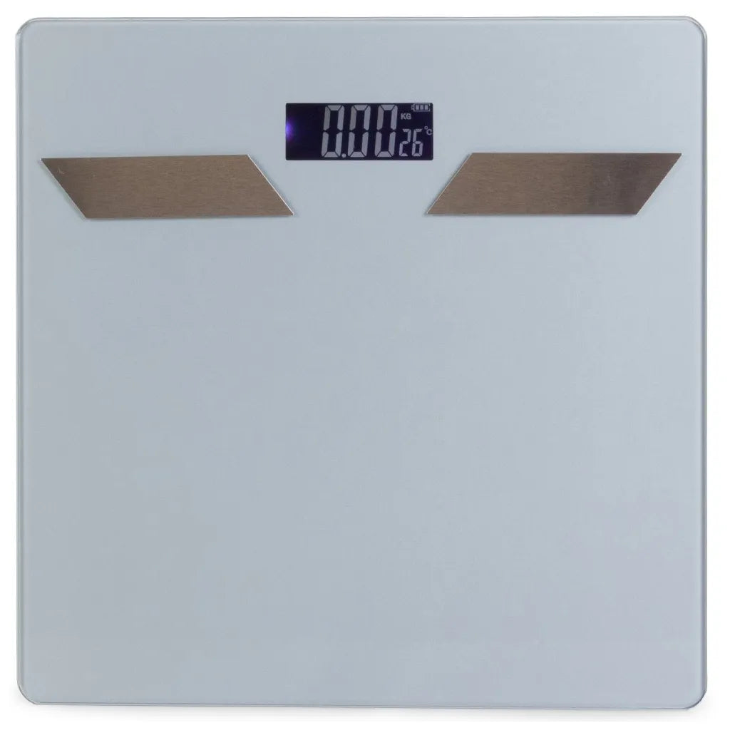 Fürdőszobai mérleg LCD kijelzővel, hőmérővel, 180kg, 28cm x 28cm x 2.5cm, szürke