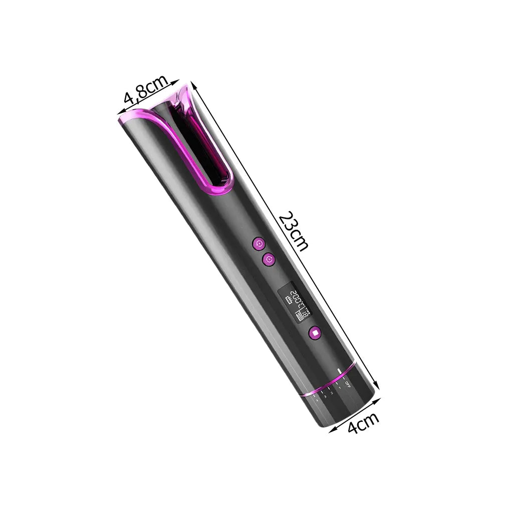 Vezeték nélküli hajgöndörítő LCD kijelzővel, akkumulátorral, 150-200°C, USB, 23cm x 4cm, rózsaszín-fekete