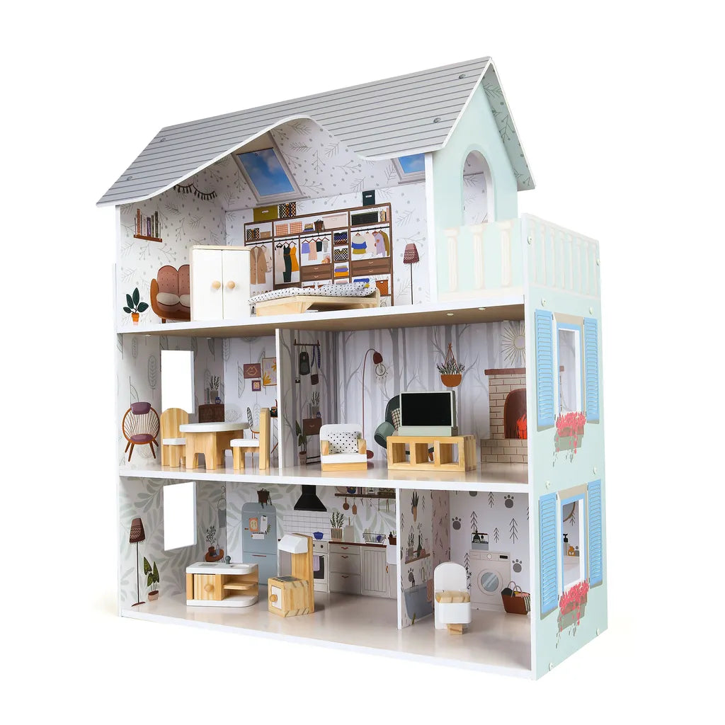 Ecotoys 3 szintes fa babaház 6 szobával, bútorokkal, natúr színek
