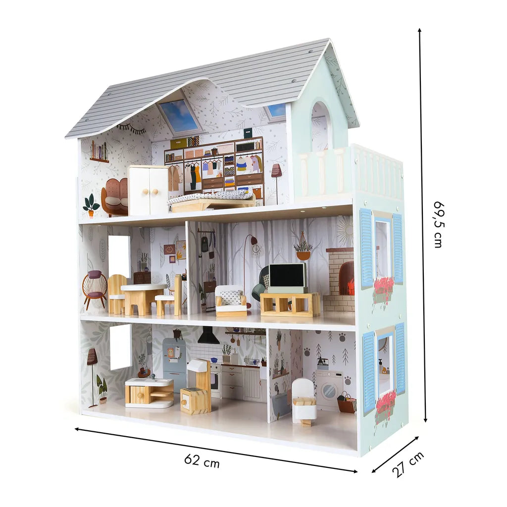 Ecotoys 3 szintes fa babaház 6 szobával, bútorokkal, natúr színek