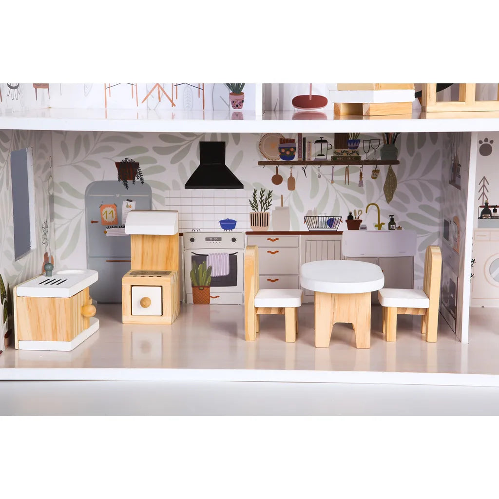 Ecotoys 3 szintes fa babaház 6 szobával, bútorokkal, natúr színek
