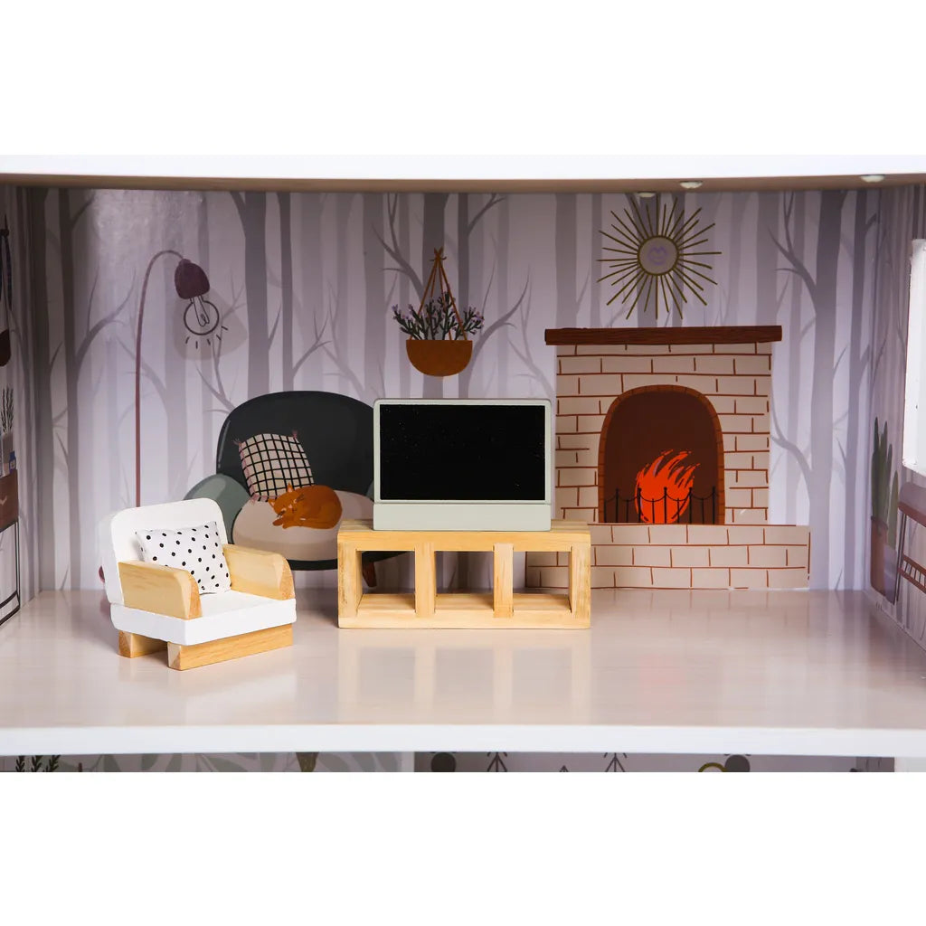 Ecotoys 3 szintes fa babaház 6 szobával, bútorokkal, natúr színek