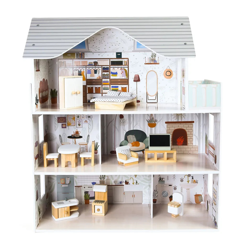 Ecotoys 3 szintes fa babaház 6 szobával, bútorokkal, natúr színek