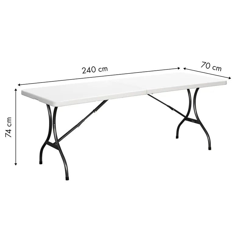 Összecsukható nagyméretű kempingasztal, 240x70 cm, szállítófogantyúval, fehér