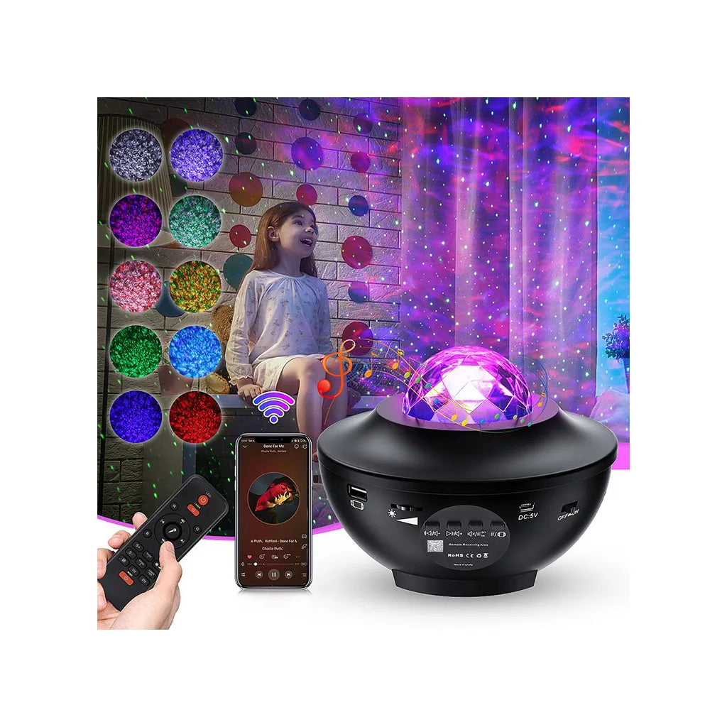 Csillag projektor, éjszakai LED fény távirányítóval, 4 különböző színű fénnyel, USB tápellátás, Bluetooth, 16cm x 12cm, fekete