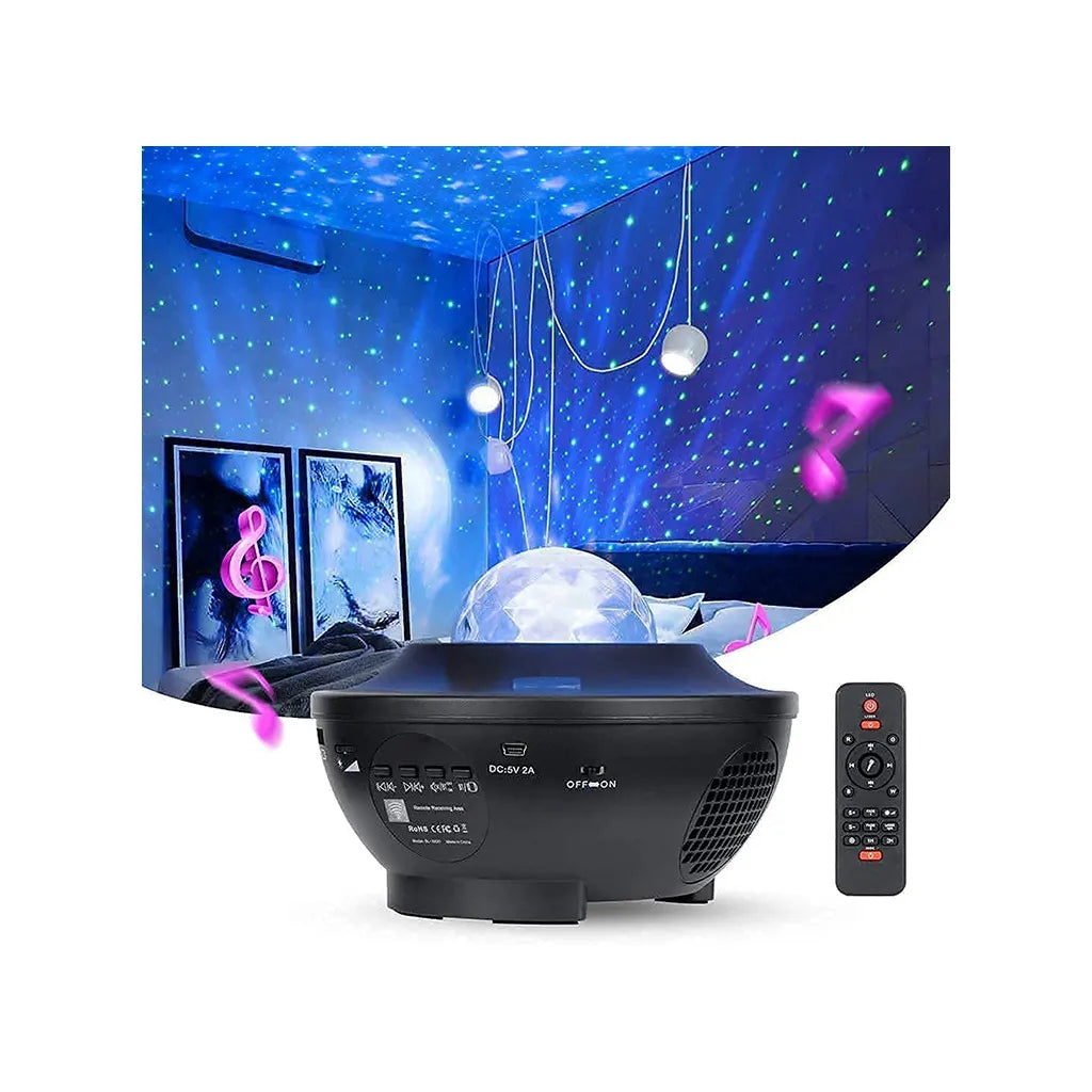 Csillag projektor, éjszakai LED fény távirányítóval, 4 különböző színű fénnyel, USB tápellátás, Bluetooth, 16cm x 12cm, fekete