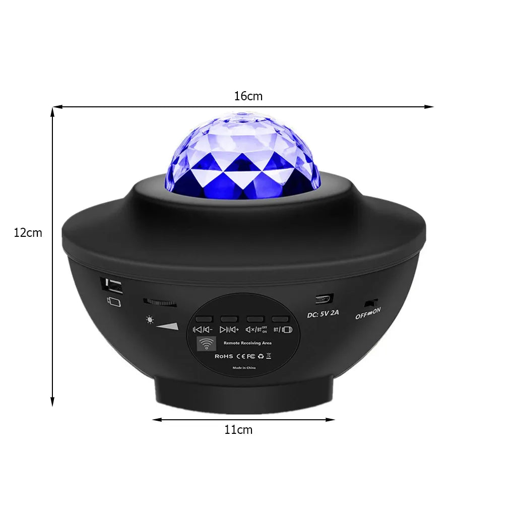 Csillag projektor, éjszakai LED fény távirányítóval, 4 különböző színű fénnyel, USB tápellátás, Bluetooth, 16cm x 12cm, fekete