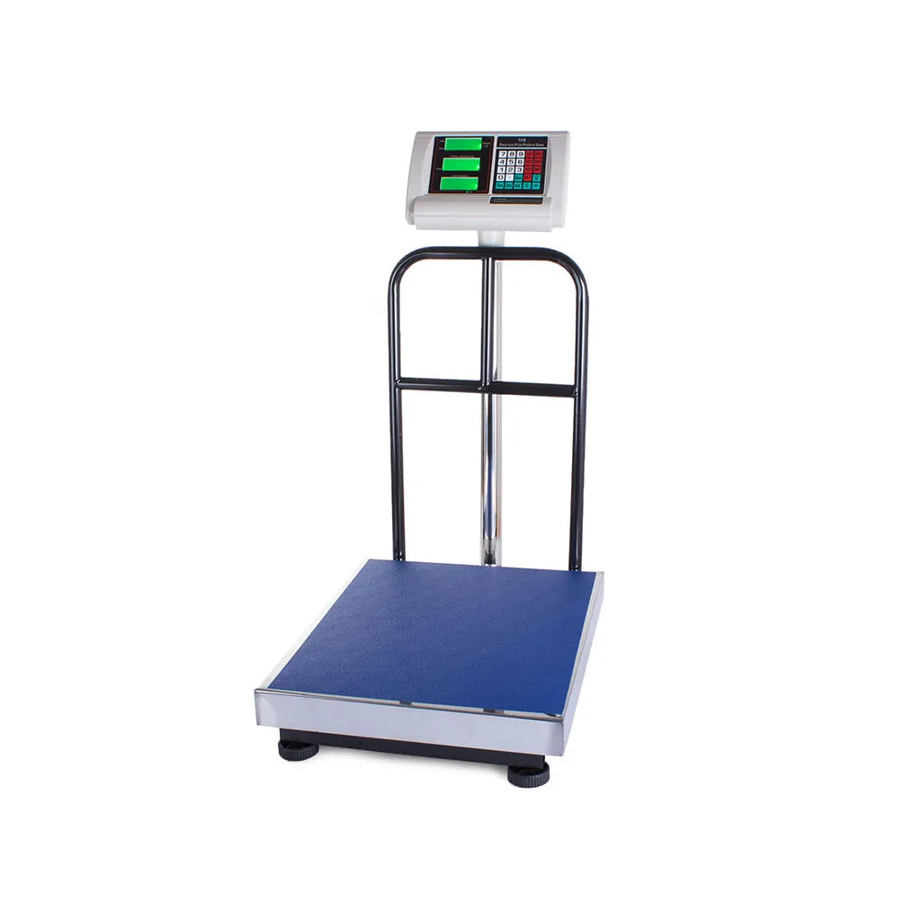 Platform mérleg LCD kijelzővel, újratölthető akkumulátorral, háttámlával, 50x40 cm, 300kg, 230V