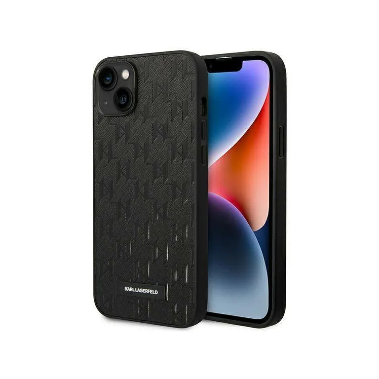 Eredeti iPhone 14 Plus Karl Lagerfeld Hardcase Saffiano Mono Metal logó (KLHCP14MSAKLPK) Fekete