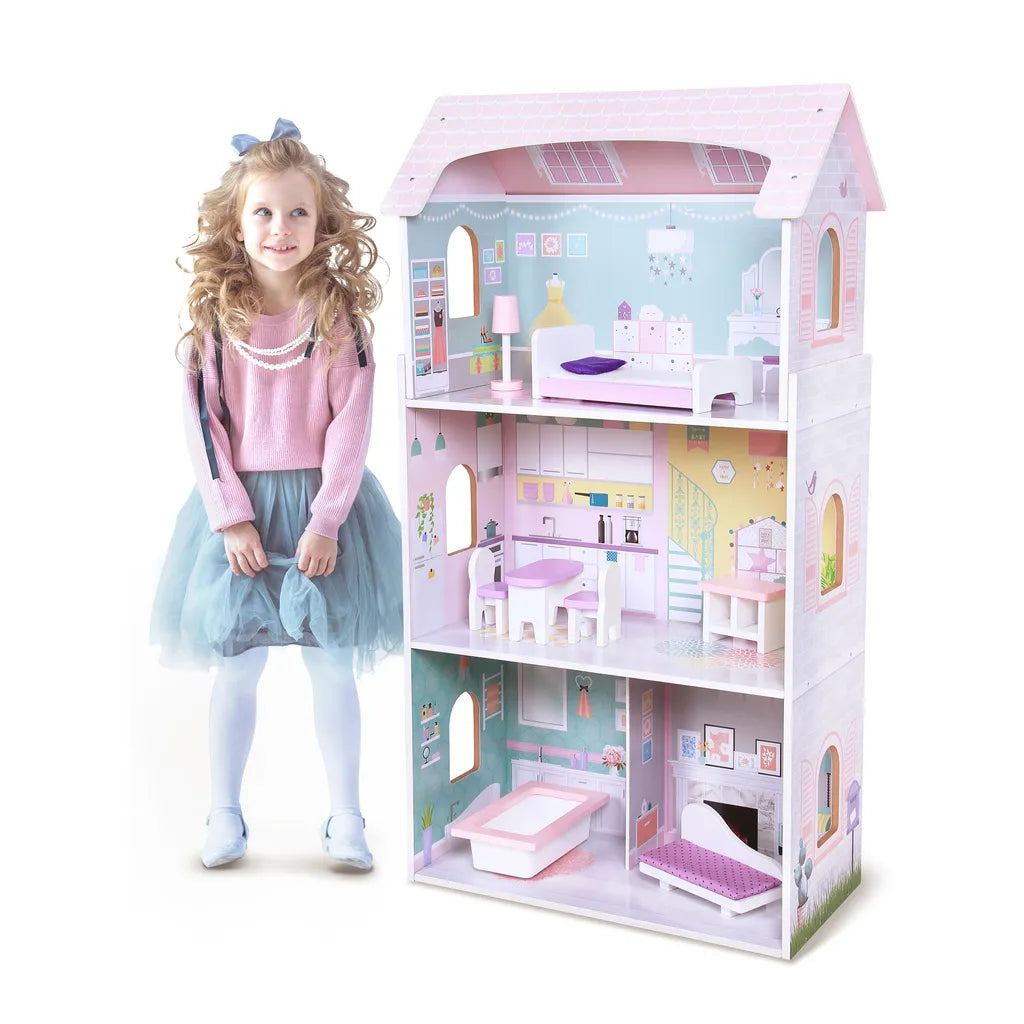 ECOTOYS fából készült 3 emeletes babaház bútorokkal, 4 szobával, 53 cm x 27 cm x 95 cm, színes