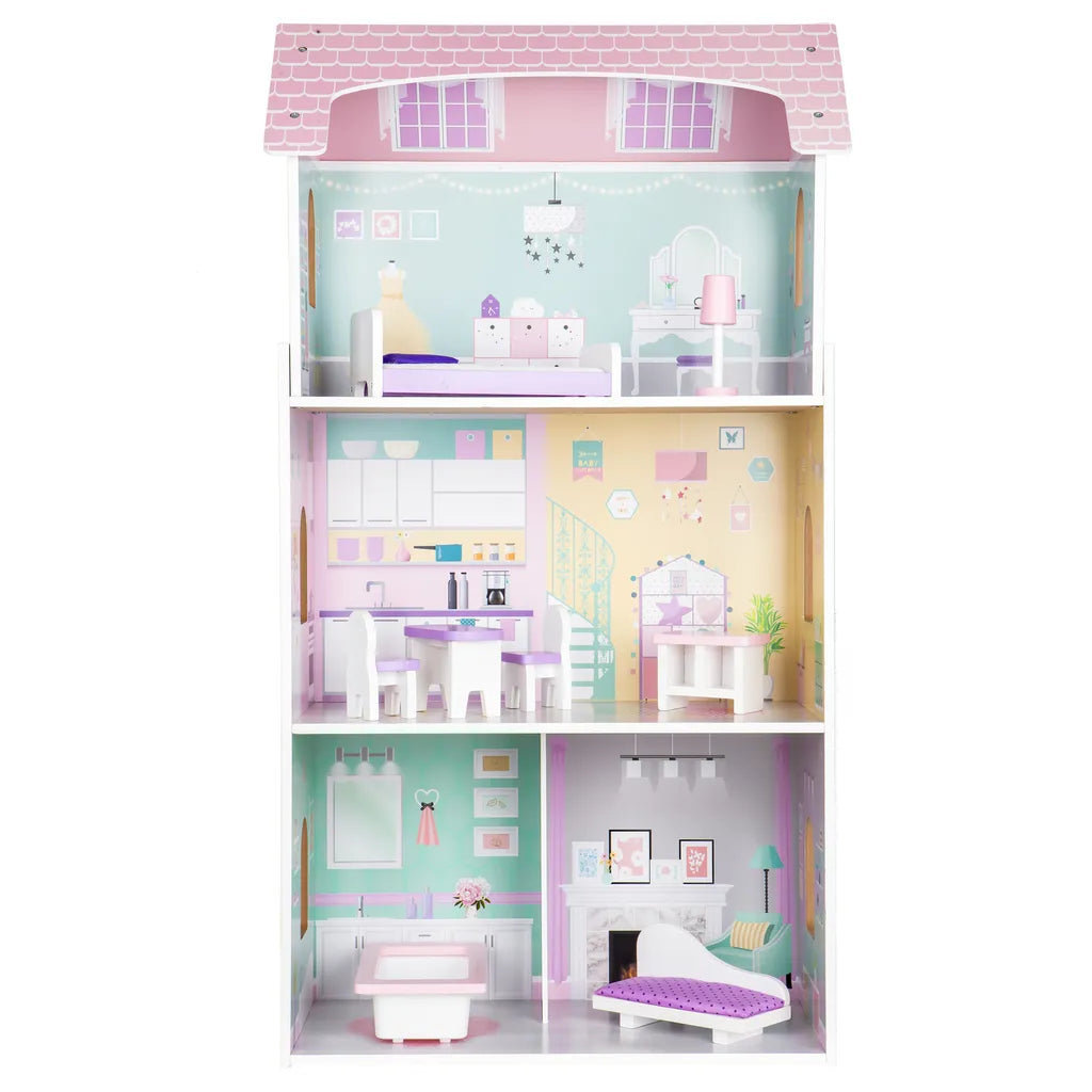 ECOTOYS fából készült 3 emeletes babaház bútorokkal, 4 szobával, 53 cm x 27 cm x 95 cm, színes