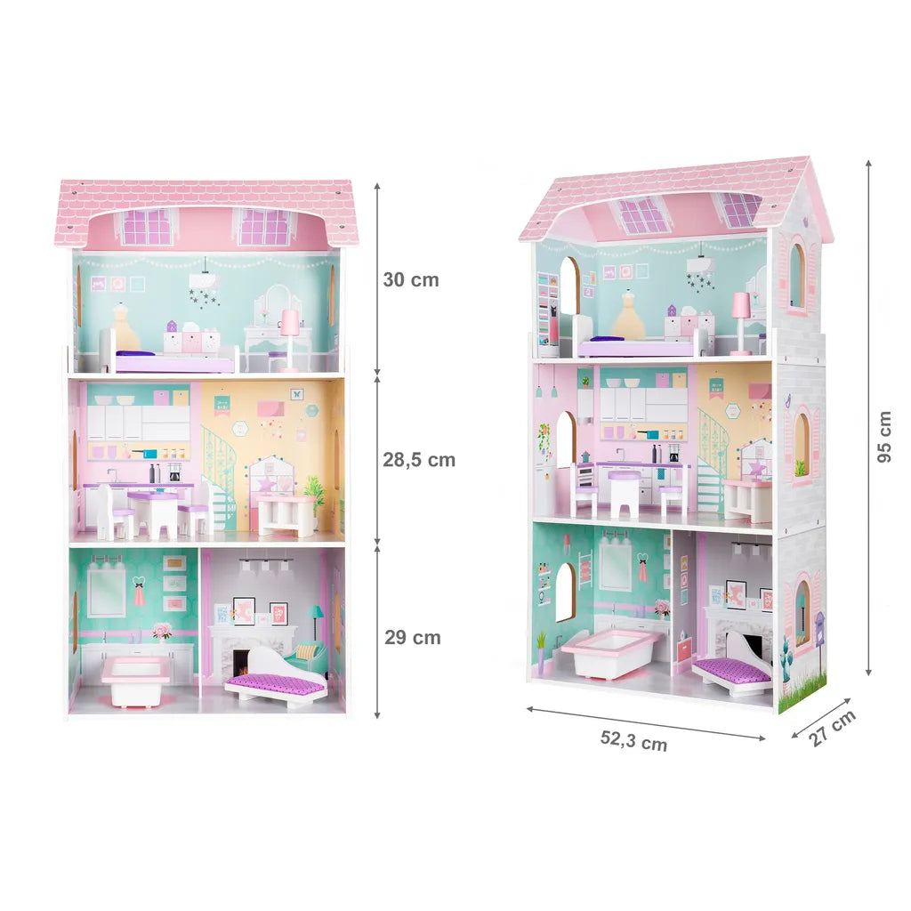 ECOTOYS fából készült 3 emeletes babaház bútorokkal, 4 szobával, 53 cm x 27 cm x 95 cm, színes