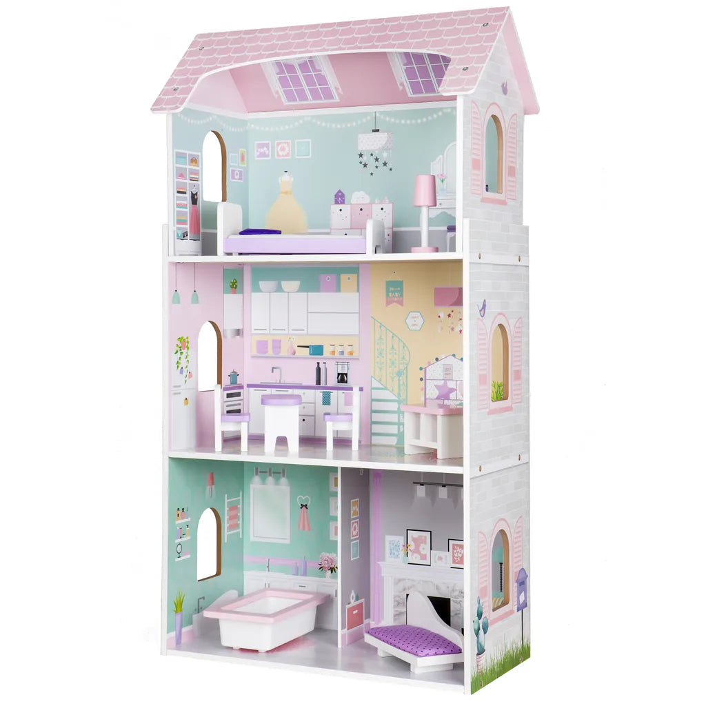 ECOTOYS fából készült 3 emeletes babaház bútorokkal, 4 szobával, 53 cm x 27 cm x 95 cm, színes