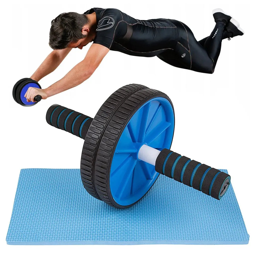 Fitnesz dupla görgős kerék edzőszőnyeggel, 17.5cm átmérő, sárga/kék