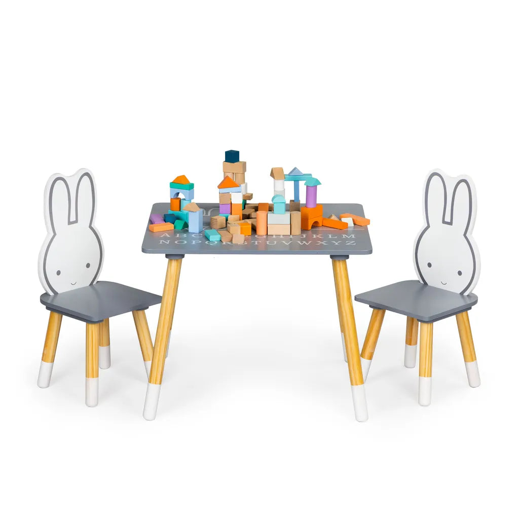 Ecotoys fa gyermekasztal (60x50x47 cm) 2 db nyuszis háttámlájú székkel, szürke-fehér