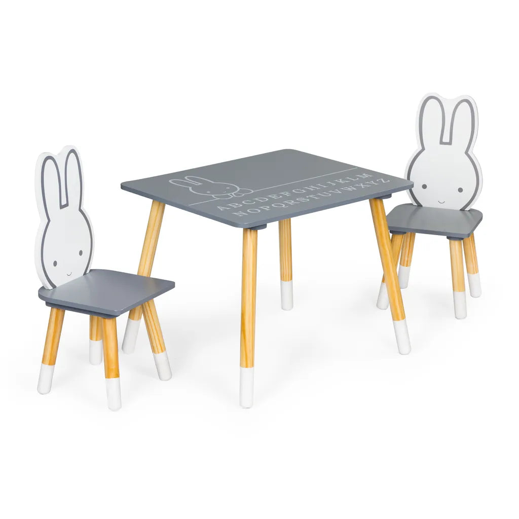 Ecotoys fa gyermekasztal (60x50x47 cm) 2 db nyuszis háttámlájú székkel, szürke-fehér