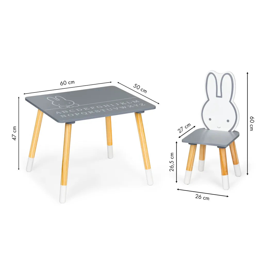 Ecotoys fa gyermekasztal (60x50x47 cm) 2 db nyuszis háttámlájú székkel, szürke-fehér