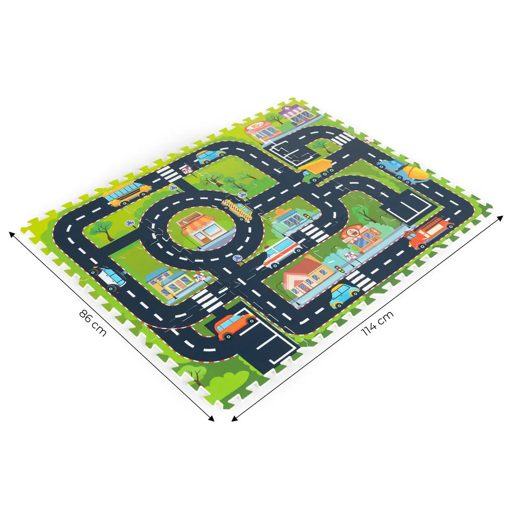 Habszivacs kirakó szőnyeg város mintával, 12  db-os készlet, 114×86 cm, 500 W, fekete-ezüst szín