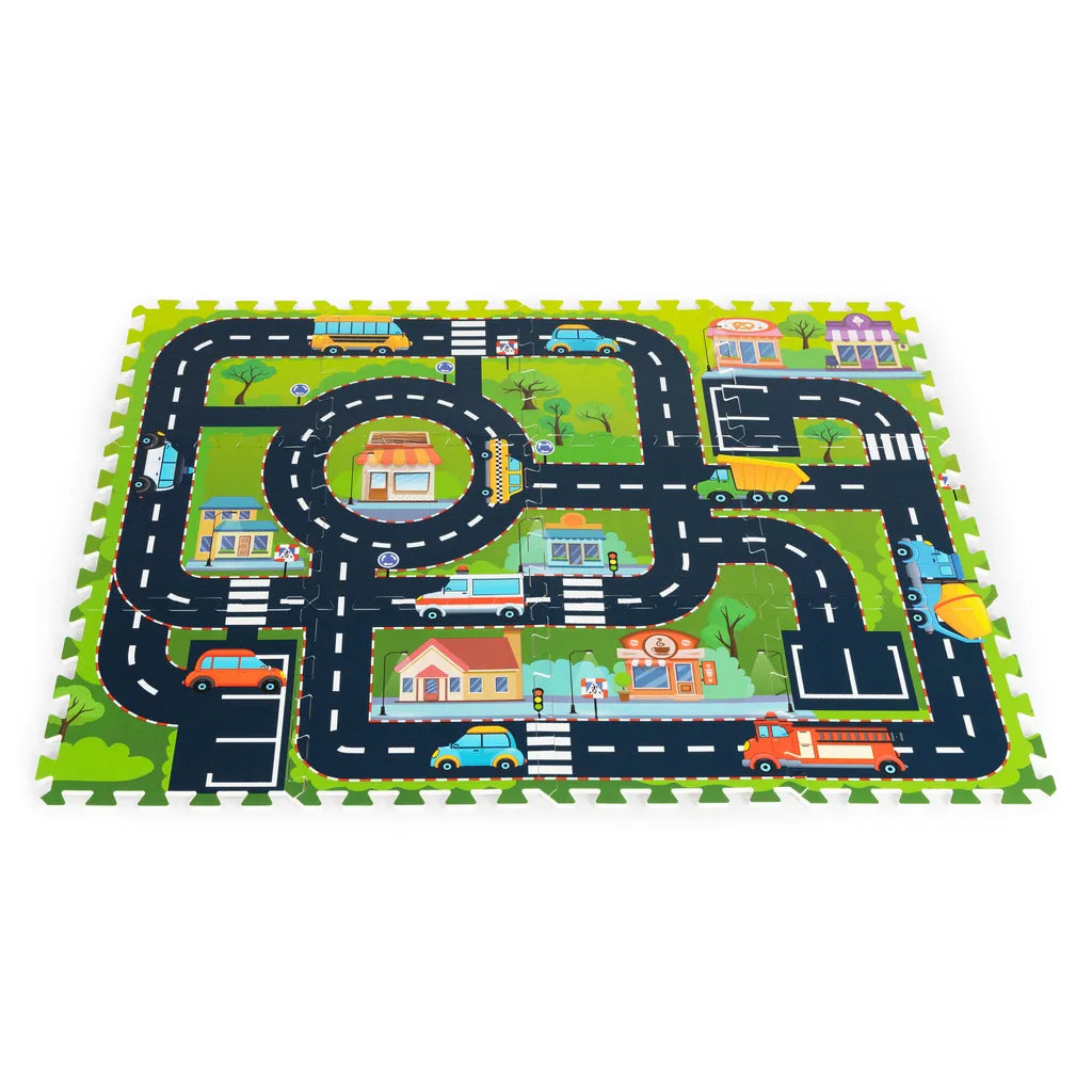 Habszivacs kirakó szőnyeg város mintával, 12  db-os készlet, 114×86 cm, 500 W, fekete-ezüst szín