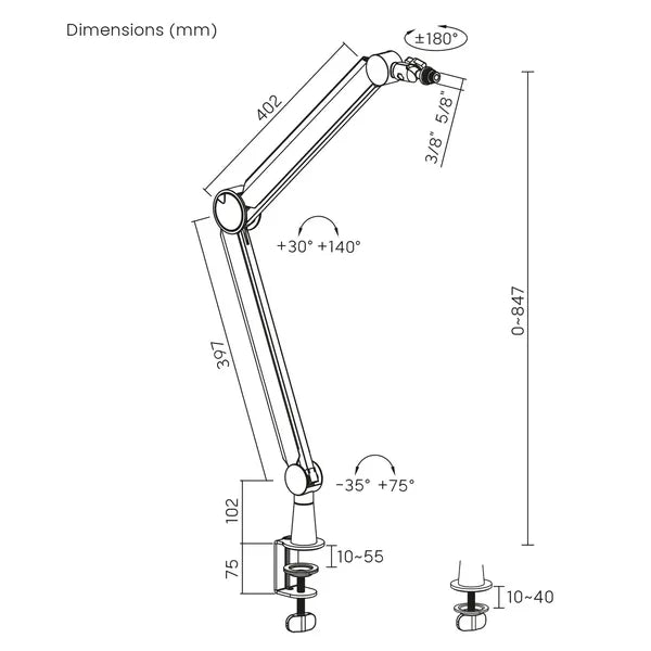 NanoRS RS421 asztali mikrofonkar 3/8”/5/8”, 1 kg, 360° forgás, fekete