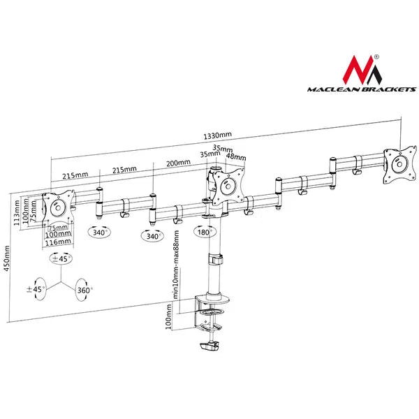 Maclean MC-691 hármas asztali monitor tartó kar 13–27″, 3×8 kg, VESA 75/100