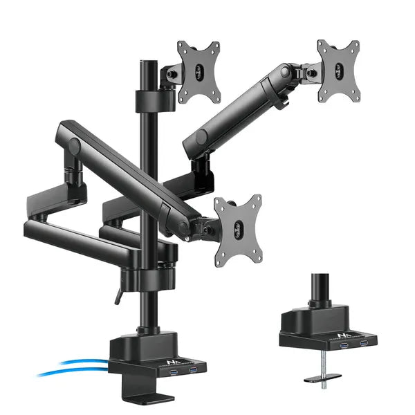 Hárommonitoros asztali tartó 17–27″-es kijelzőkhöz, VESA, 2×USB 3.0