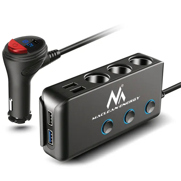 Autós szivargyújtó elosztó, 3 aljzat + 4 USB (QC3.0, PD 18 W), voltmérő, 120 W