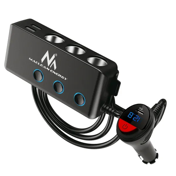 Autós szivargyújtó elosztó, 3 aljzat + 4 USB (QC3.0, PD 18 W), voltmérő, 120 W