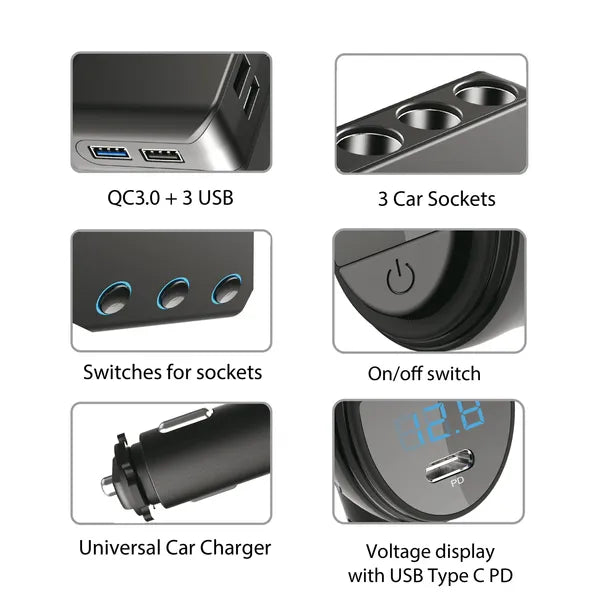 Autós szivargyújtó elosztó, 3 aljzat + 4 USB (QC3.0, PD 18 W), voltmérő, 120 W