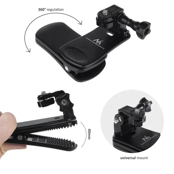 Univerzális 360° csíptetős kamera rögzítő, GoPro/Xiaomi/SJCam, 40 mm, fekete