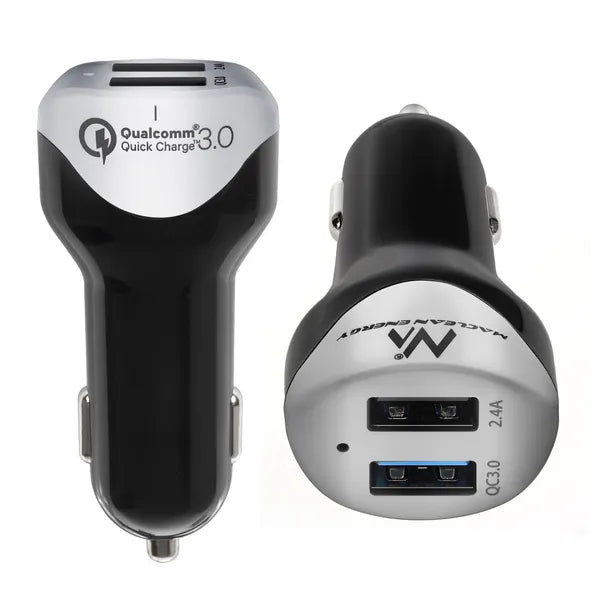 Autós USB gyorstöltő 4,8A 2×USB QC3.0 + 1,5m microUSB kábel, ezüst