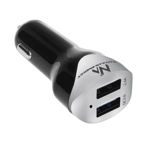 Autós USB gyorstöltő 4,8A 2×USB QC3.0 + 1,5m microUSB kábel, ezüst