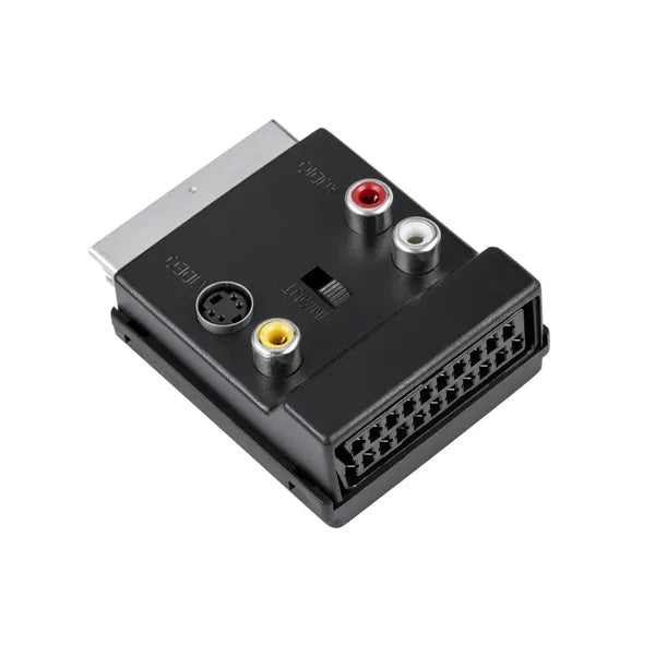 Scart dugó–aljzat adapter 3×RCA aljzattal és kapcsolóval