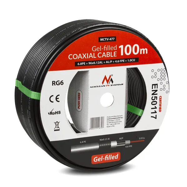 Zselés RG6 koaxiális antennakábel, kültéri/földbe fektethető, 75 Ω, 100 m