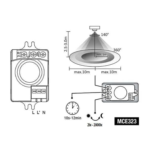 Mikrohullámú 360°-os mozgásérzékelő, IP20, 220-240 V, állítható lux/idő