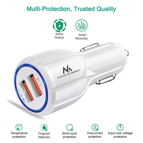 Autós USB töltő 2× porttal, QC 3.0, 30 W, 12–24 V, fehér