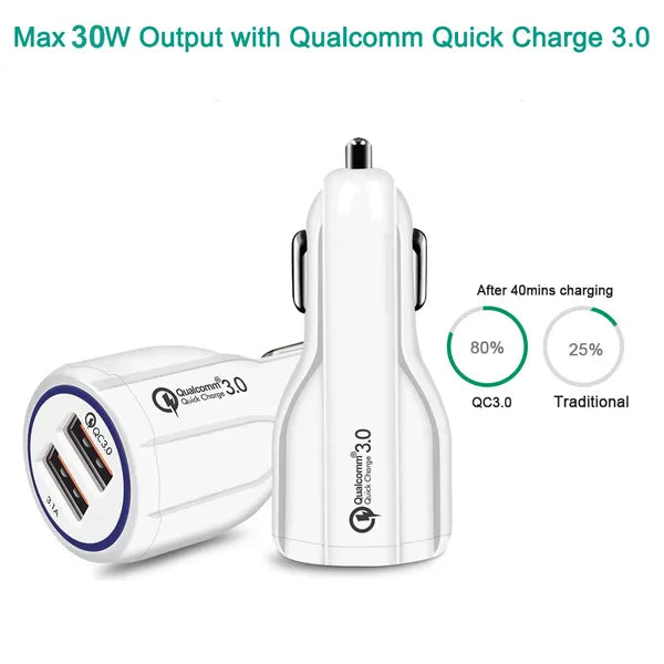 Autós USB töltő 2× porttal, QC 3.0, 30 W, 12–24 V, fehér