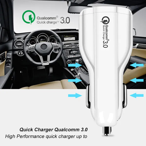 Autós USB töltő 2× porttal, QC 3.0, 30 W, 12–24 V, fehér