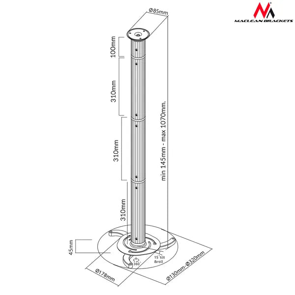 Univerzális mennyezeti projektor tartó, 80–980 mm, 10 kg, ezüst
