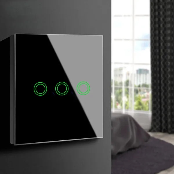 Érintős hármas fénykapcsoló, edzett üveg előlap, fekete, LED-es, 86×86 mm