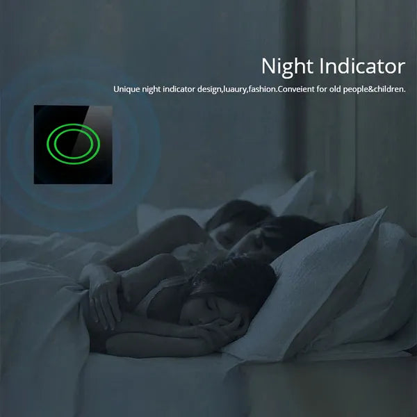 Érintős hármas fénykapcsoló, edzett üveg előlap, fekete, LED-es, 86×86 mm
