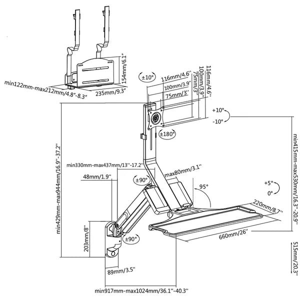 Maclean fali monitor- és billentyűzettartó gázrugóval, CPU-fogó, 17–32", 9 kg